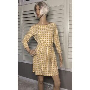Boden Dress Sz 8 Yellow 3/4 Sleeve Tie Waist Stretchy Round Neck